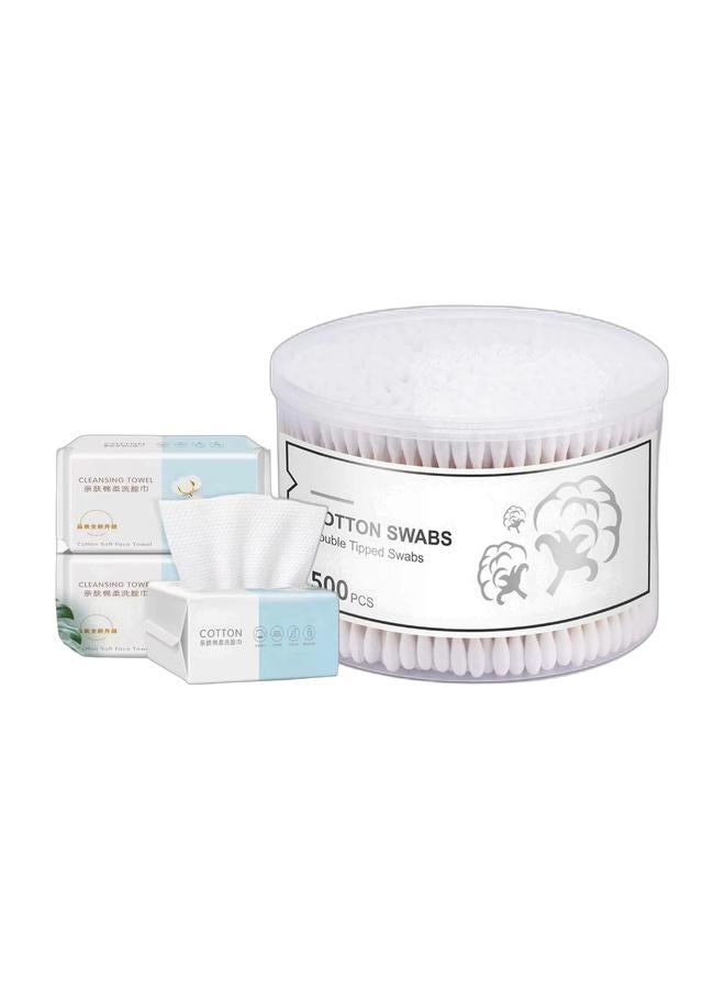 منشفة الوجه القابلة للتصرف 180 عدد (60 عدد * 3 حزمة) ، مناديل جافة للوجه من القطن الناعم ، متعددة الأغراض للعناية بالبشرة ، إزالة المكياج ، مناديل الوجه وتنظيف الوجه و 520 جهاز كمبيوتر شخصي ، مساحات طبيعية مزدوجة جولة قوية من القطن الخشبي نصيحة العصا للأذنين ، التنظيف وإزالة المكياج ، مساحات الأذن الخالية من القسوة مع مربع التخزين - لطيف على حزمة الجلد - Image 1