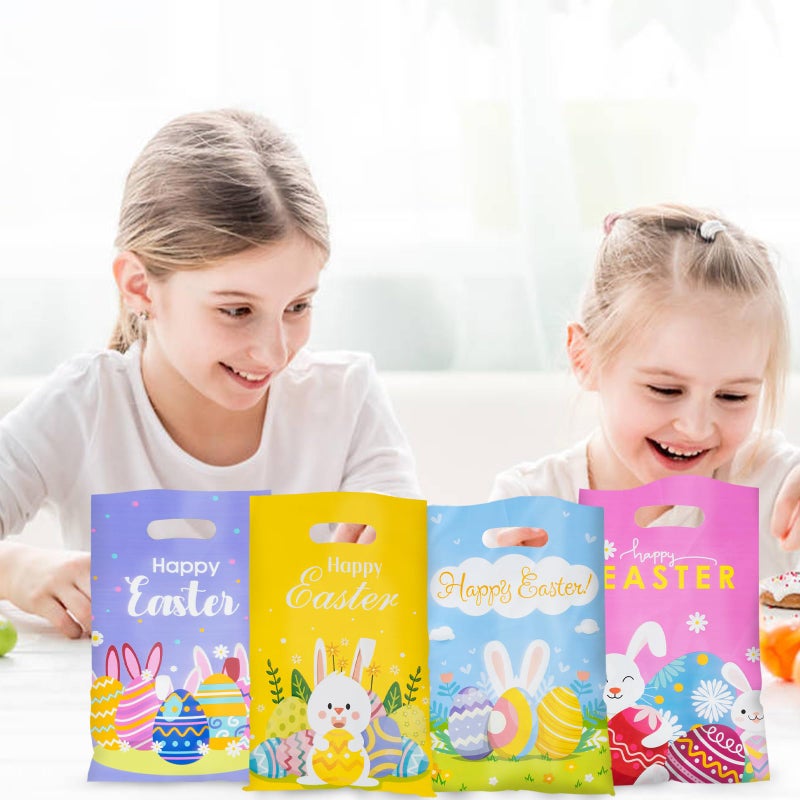 Jocomoni 100Pcs Easter Goodie Bag Plastic Treat Bag with Handle Egg Bunny Gift Bags Colorful Goodie Bags for Easter Party Favor Supplies Classroom Gift Exchange - Image 5