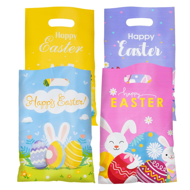 Jocomoni 100Pcs Easter Goodie Bag Plastic Treat Bag with Handle Egg Bunny Gift Bags Colorful Goodie Bags for Easter Party Favor Supplies Classroom Gift Exchange - Image 1