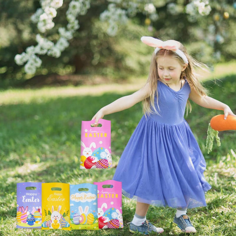 Jocomoni 100Pcs Easter Goodie Bag Plastic Treat Bag with Handle Egg Bunny Gift Bags Colorful Goodie Bags for Easter Party Favor Supplies Classroom Gift Exchange - Image 4