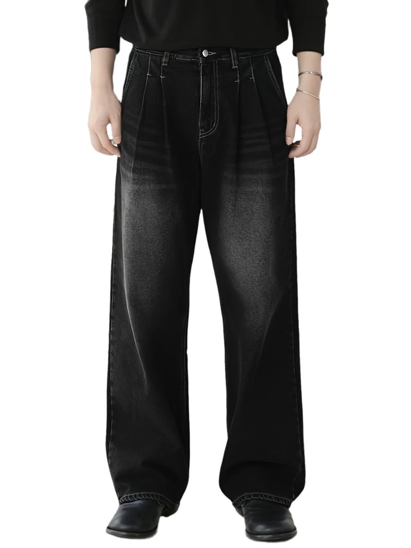 Loose Black Washed Denim Pants with a Trendy Street Style And Wide Legs - Image 1