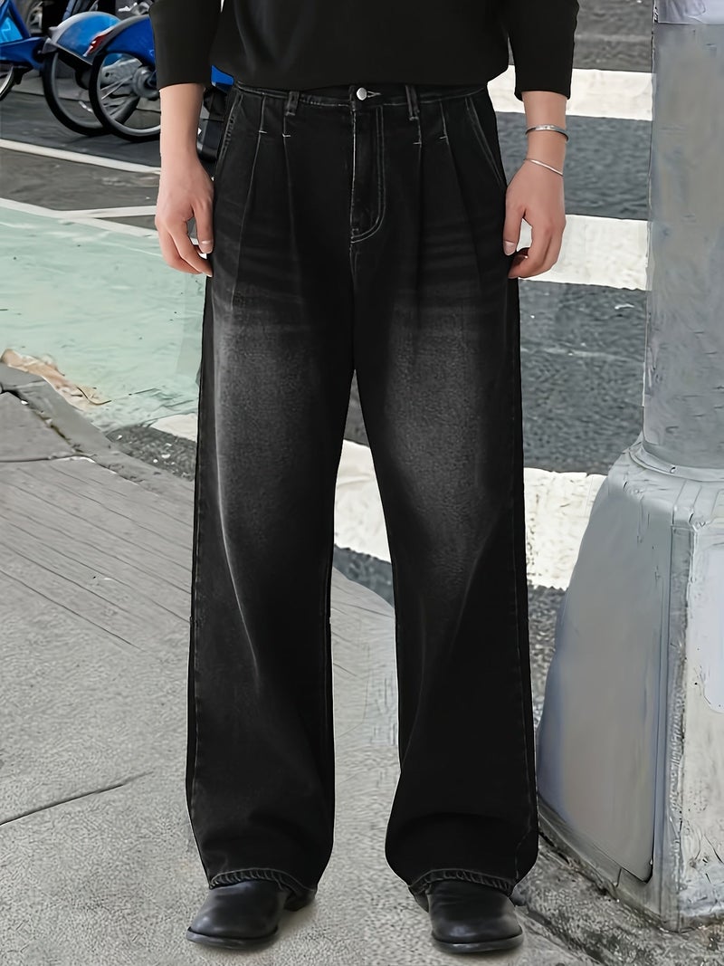 Loose Black Washed Denim Pants with a Trendy Street Style And Wide Legs - Image 2