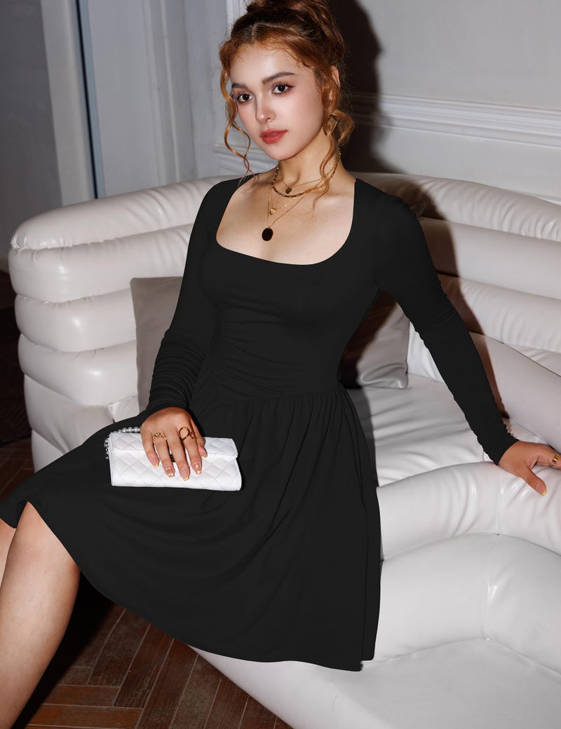 YMDUCH Women's Casual Long Sleeve Square Neck Back Belt A Line Ruffle Hem Mini Dress with Pockets Black - Image 5