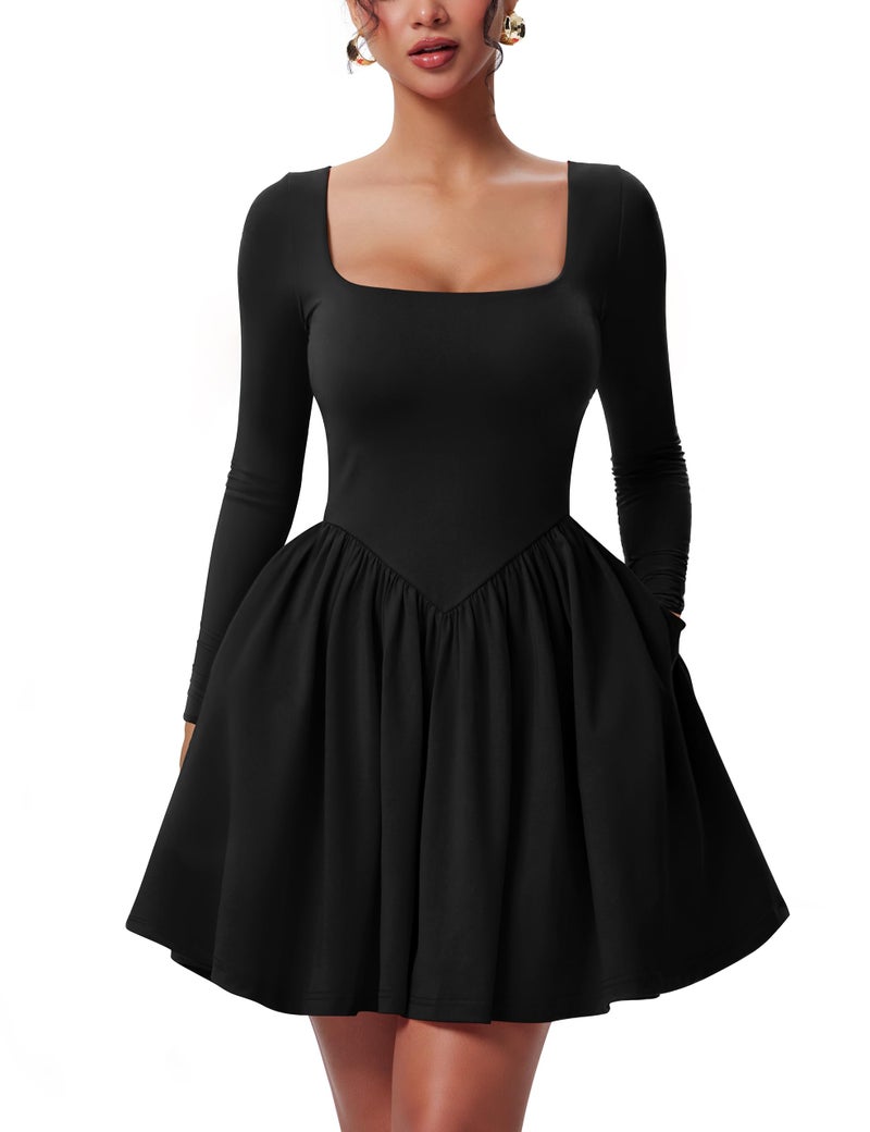 YMDUCH Women's Casual Long Sleeve Square Neck Back Belt A Line Ruffle Hem Mini Dress with Pockets Black - Image 1