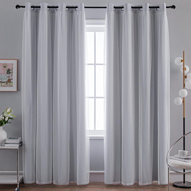 Anytime Home Curtains Blackout and Sheer Layered Solid Window Curtain Panel Pair with Grommet Top  52Wx63L Greyish White - Image 2