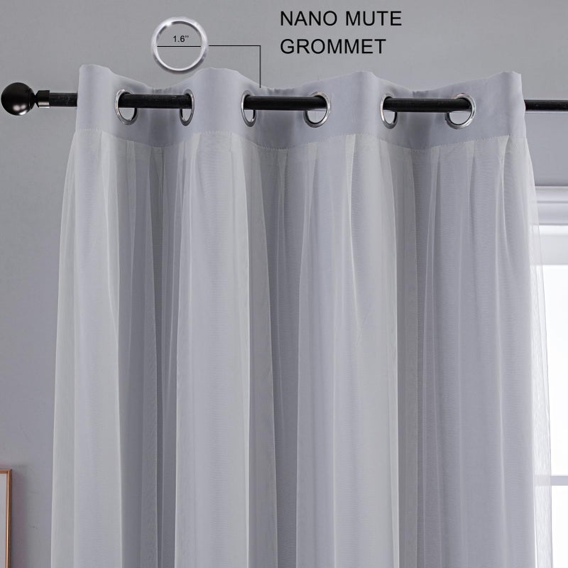 Anytime Home Curtains Blackout and Sheer Layered Solid Window Curtain Panel Pair with Grommet Top  52Wx63L Greyish White - Image 3