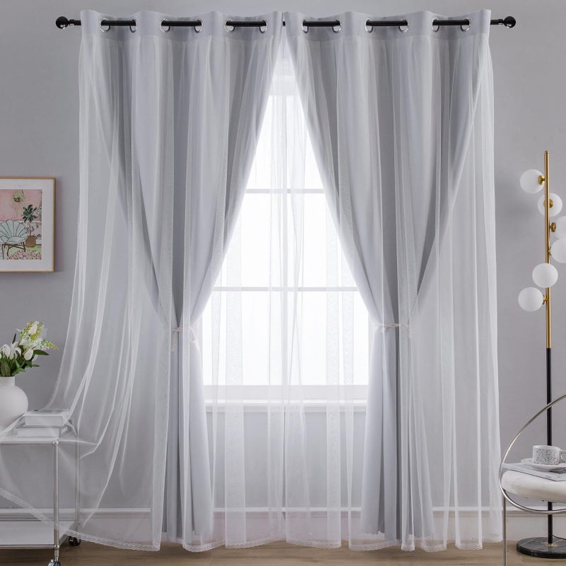 Anytime Home Curtains Blackout and Sheer Layered Solid Window Curtain Panel Pair with Grommet Top  52Wx63L Greyish White - Image 5