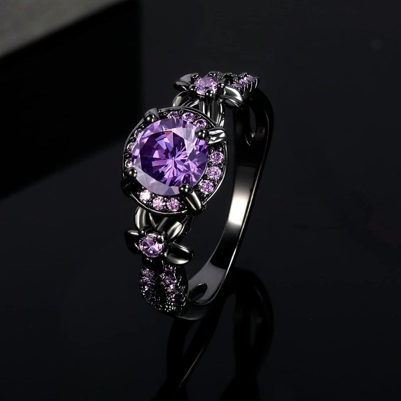 VOLUKA Synthetic Amethyst Ring for Women,18K Black Gold Plated Vintage Purple CZ Stone Wedding Band Gemstone Engagement Rings, Available Sizes 5-10 (5) - Image 3