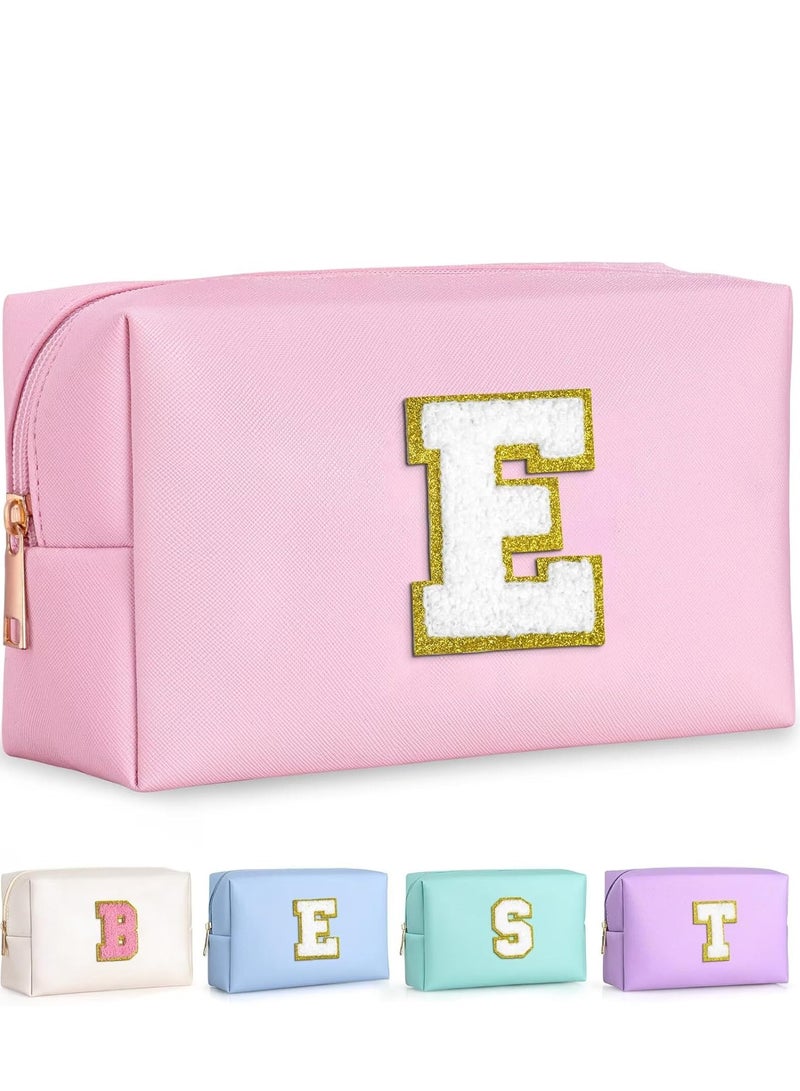 Makeup Bag for Girls Women,Personalized Initial Makeup Pouch,Leather Waterproof Cosmetic Bag,Birthday Gifts for Daughter(Letter E,Pink) - Image 1