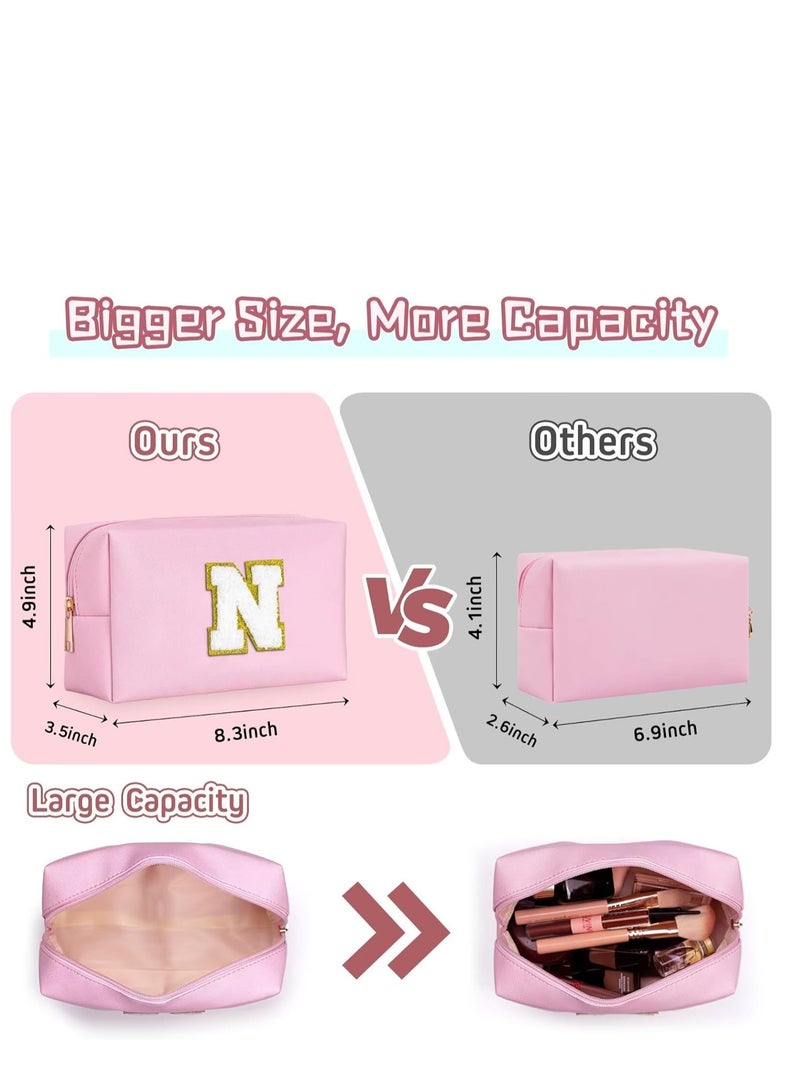 Makeup Bag for Girls Women,Personalized Initial Makeup Pouch,Leather Waterproof Cosmetic Bag,Birthday Gifts for Daughter(Letter E,Pink) - Image 2