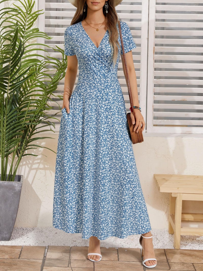 HUHOT Wrap Dress for Women 2026 Summer Outfits Plus Size Dusty Blue Floral Bridal Shower Dresses Teacher Casual Sundress Spring Easter Ladies Long Sexy Beach - Image 2