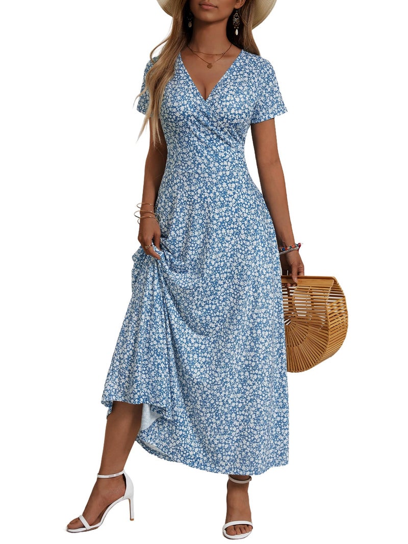 HUHOT Wrap Dress for Women 2026 Summer Outfits Plus Size Dusty Blue Floral Bridal Shower Dresses Teacher Casual Sundress Spring Easter Ladies Long Sexy Beach - Image 1