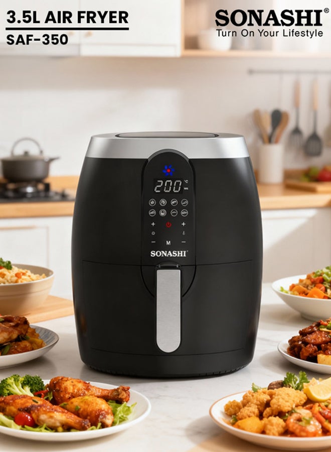 3.5 L Digital Air Fryer |1400 W| 8 Preset Auto-Cook Menu| Oil-Free Cooking | LED Touch Screen Display | Adjustable Temperature from 50 - 200 Degree Celsius | Rapid Air Technology | Best For Fry, Grill, Bake, Roast & Warm | SAF-350 Black 3.5 L 1400 W SAF-350 Black