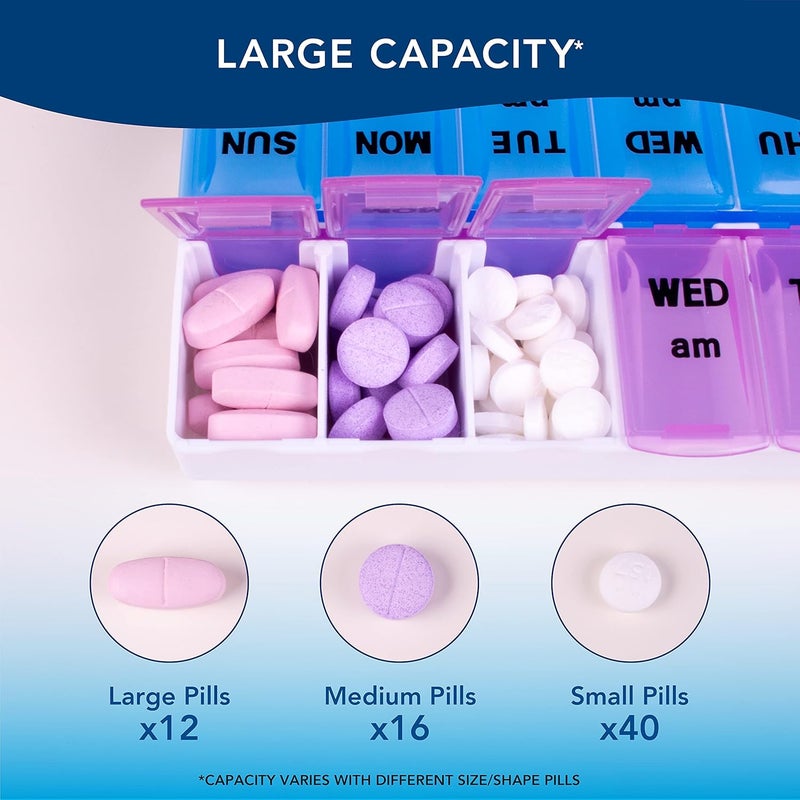 APEX Twice-A-Day Weekly Pill Organizer, Weekly Pill Organizer, 2 Times a Day Color-Coded, Easy-Open, See-Through Lids, Organize Medication or Vitamins by AM, PM or Morning and Bedtime, Assorted - Image 3