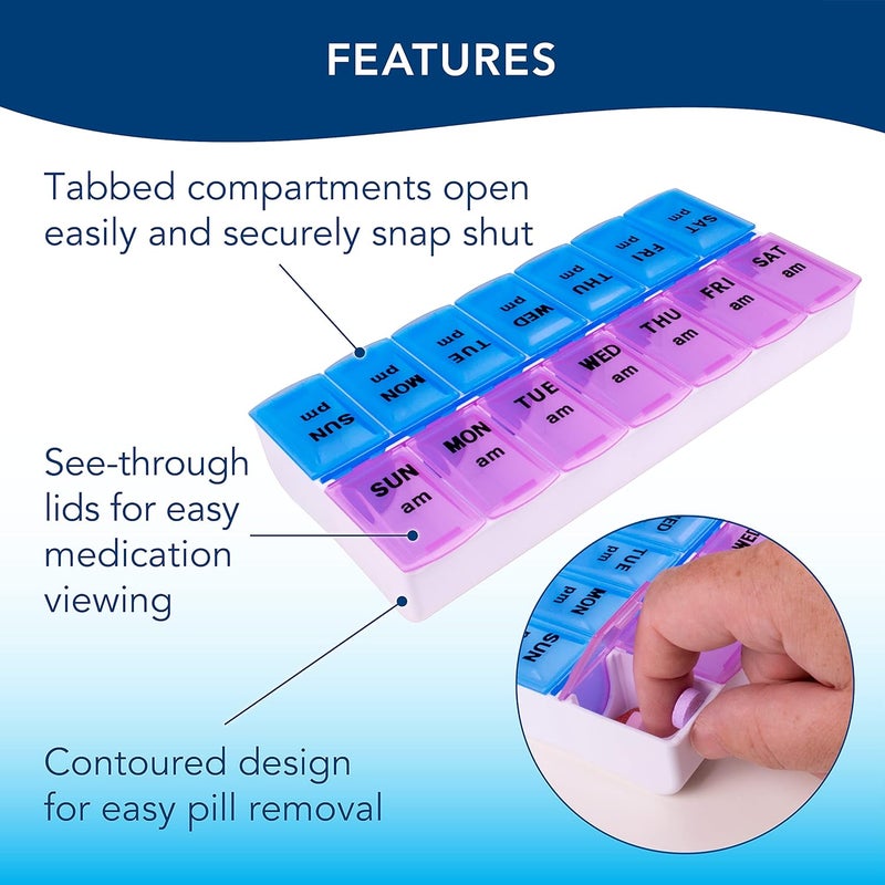 APEX Twice-A-Day Weekly Pill Organizer, Weekly Pill Organizer, 2 Times a Day Color-Coded, Easy-Open, See-Through Lids, Organize Medication or Vitamins by AM, PM or Morning and Bedtime, Assorted - Image 2