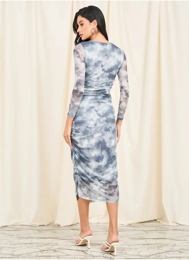 Styli Tie and Dye Print Ruched Bodycon Midi Dress