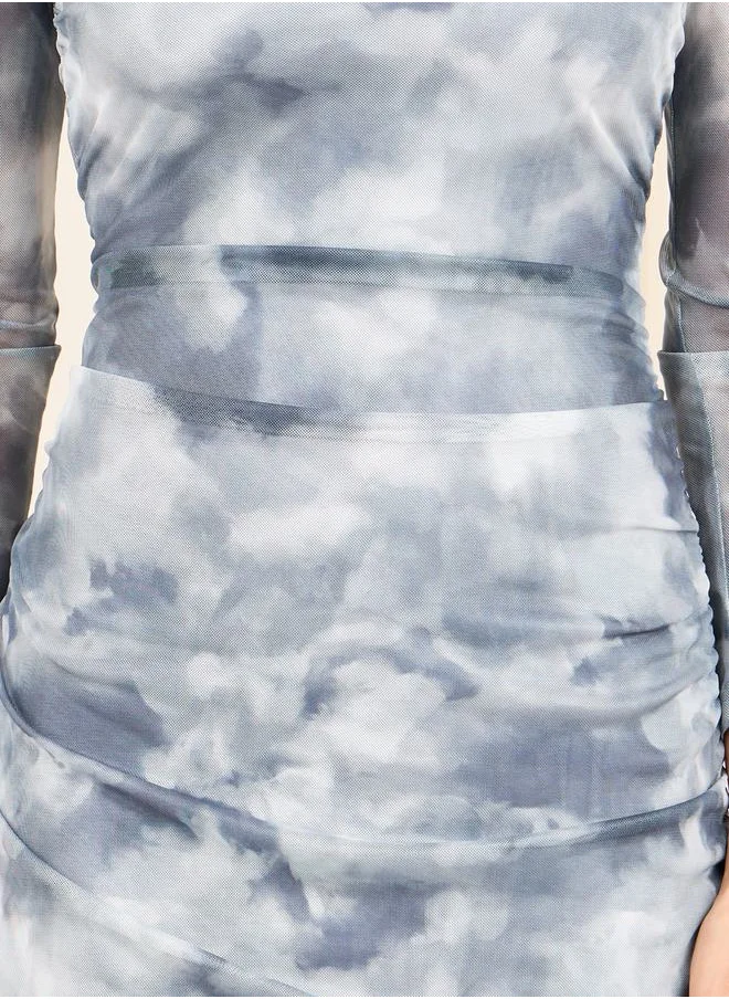 Styli Tie and Dye Print Ruched Bodycon Midi Dress