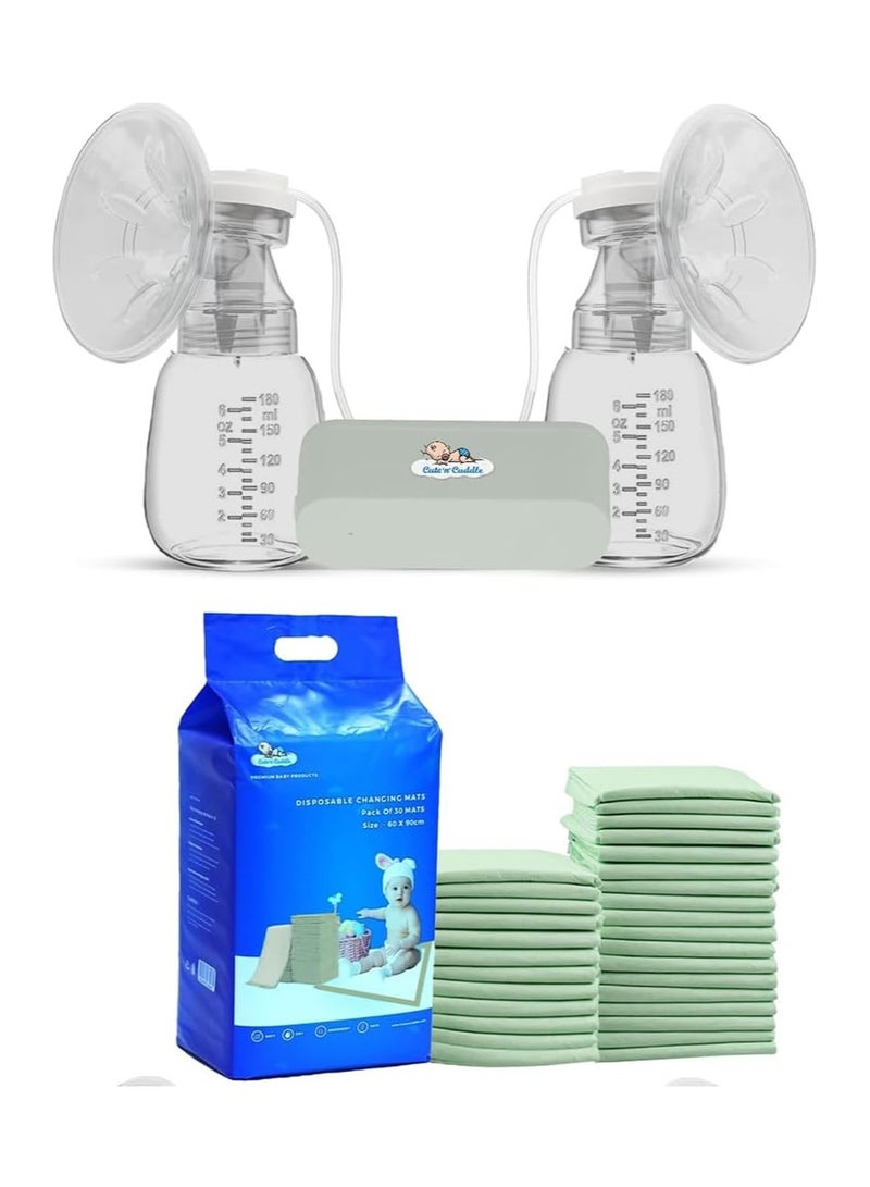 لطف وحضن شفاط حليب كهربائي – بدون استخدام اليدين، قابل للارتداء، لاسلكي وقابل لإعادة الشحن مع صندوق تخزين، بـ 9 مستويات و3 أوضاع | يتضمن حصائر تغيير حفاضات للأطفال من Cute 'n' Cuddle – عبوة 120 قطعة (60×90 سم، أخضر)، ناعمة ومقاومة للماء. - Image 1