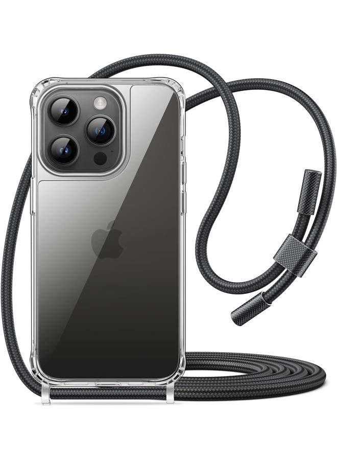 جي تيك جراب كروس بودي لهاتف آيفون 14 برو مقاس 6.1 بوصة مع حزام حبل قابل للتعديل، غطاء واقٍ شفاف مضاد للاصفرار ومضاد للصدمات مع حبل للرقبة، أسود - Image 1