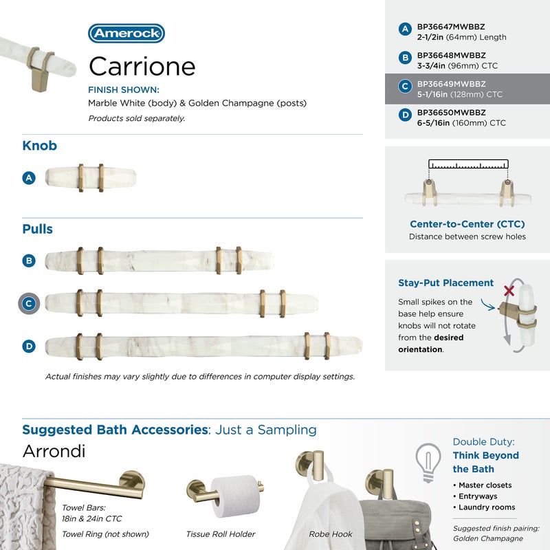 Amerock | Cabinet Pull | Marble White/Golden Champagne | 5-1/16 inch (128 mm) Center to Center | Carrione | 1 Pack | Drawer Pull | Drawer Handle | Cabinet Hardware | Zinc - Image 4