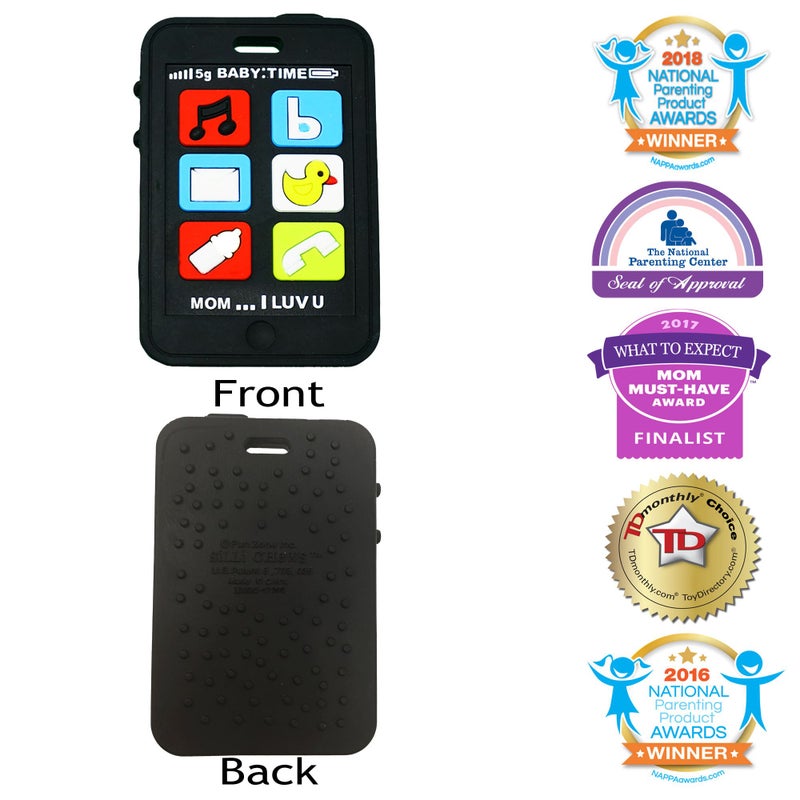 Silli Chews Cell Phone Teether | Cute Baby Teether Black | Kids Pretend Play Toy Fake Phone for Babies | Mobile Telephone Silicone Teething Toy | Infant Pain Relief Apple Smart | Silly Chew Toy - Image 2