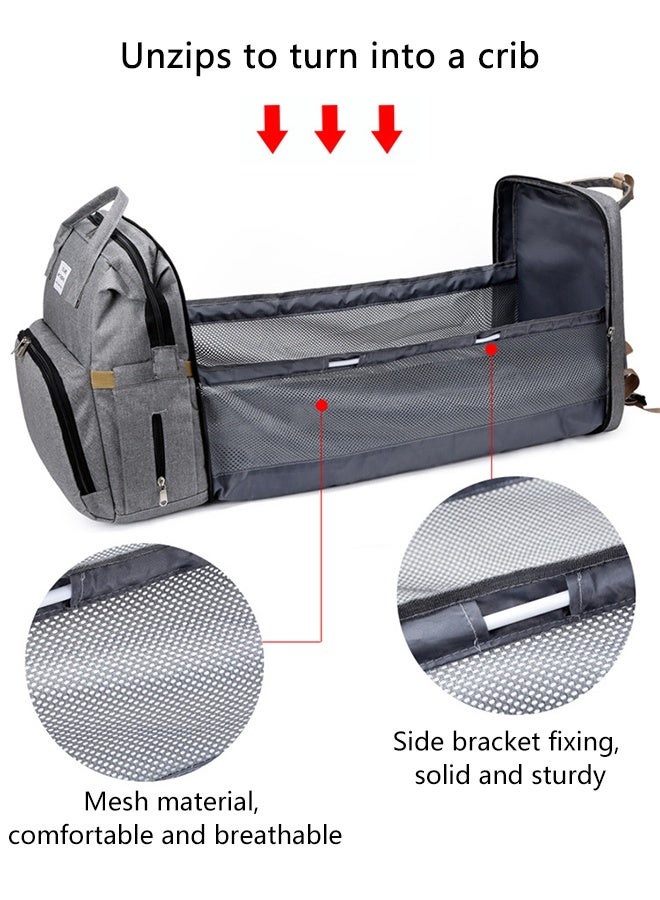 LCAREMOM Multifunctional Diaper Bag Backpack with Foldable Crib, Sunshade, USB Charging Port and Changing Pad, Insulated Bottle Pockets, Durable Waterproof Travel Mommy Bag for Baby Care (Grey)  - Image 3