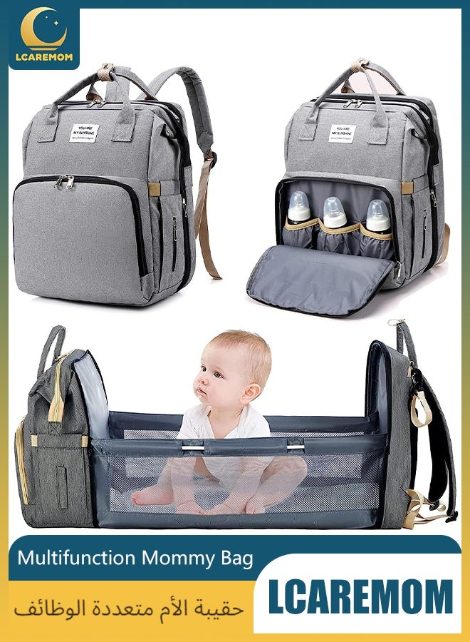 LCAREMOM Multifunctional Diaper Bag Backpack with Foldable Crib, Sunshade, USB Charging Port and Changing Pad, Insulated Bottle Pockets, Durable Waterproof Travel Mommy Bag for Baby Care (Grey)  - Image 1