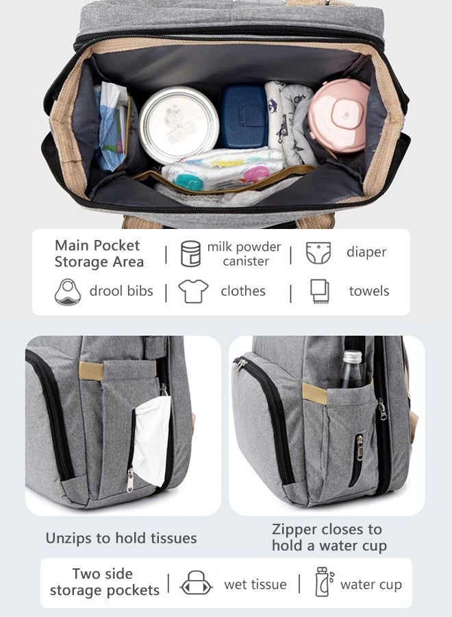 LCAREMOM Multifunctional Diaper Bag Backpack with Foldable Crib, Sunshade, USB Charging Port and Changing Pad, Insulated Bottle Pockets, Durable Waterproof Travel Mommy Bag for Baby Care (Grey)  - Image 5