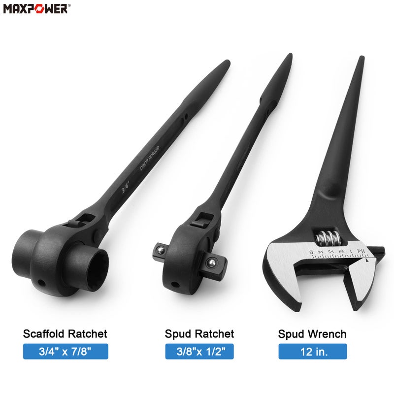 MAXPOWER 3Pcs Spud Ratchet Set, 3/4" x 7/8" Dual Socket Scaffold Wrench, 1/2" x 3/8" Dual Head Ratchet, 12 inch Spud Wrench - Image 2