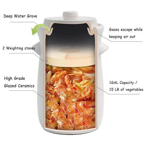 HFOXGO Fermentation Crock 3.8Liter/1 Gallon Stoneware Pot for Fermenting, Pickling Kimchi, Pickles, Vegetables, Kombucha - Glazed Fermenter with Stone Weights, Lid & Pickle Tamper-White Crock - Image 2