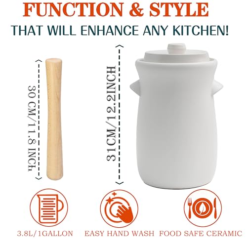 HFOXGO Fermentation Crock 3.8Liter/1 Gallon Stoneware Pot for Fermenting, Pickling Kimchi, Pickles, Vegetables, Kombucha - Glazed Fermenter with Stone Weights, Lid & Pickle Tamper-White Crock - Image 3