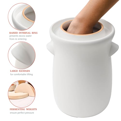 HFOXGO Fermentation Crock 3.8Liter/1 Gallon Stoneware Pot for Fermenting, Pickling Kimchi, Pickles, Vegetables, Kombucha - Glazed Fermenter with Stone Weights, Lid & Pickle Tamper-White Crock - Image 4