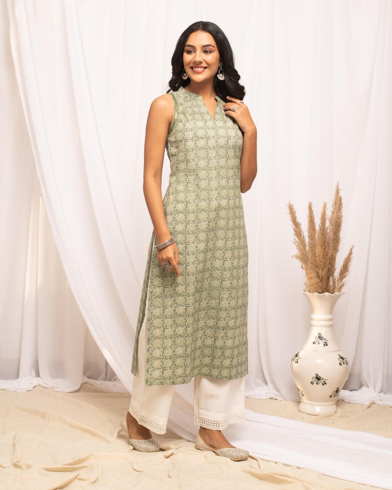 FIORRA Women's Light Green Floral Printed Cotton Straight Kurta FAR0100 - S - Image 3