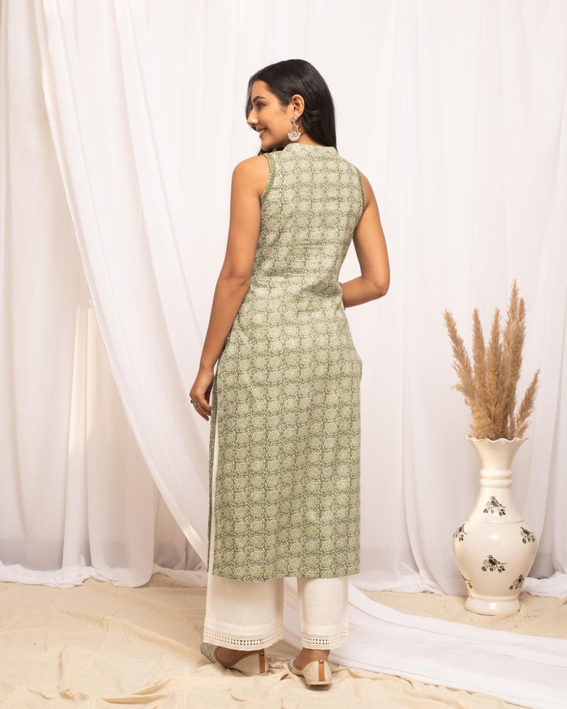 FIORRA Women's Light Green Floral Printed Cotton Straight Kurta FAR0100 - S - Image 2