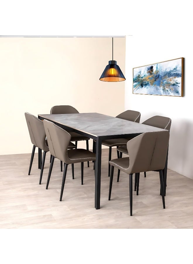ALWASIT HOME 1+6 Seater Marble Top Dining Table Set | Modern Luxury Dining Room Furniture | Leather Upholstered Chairs with Backrest | Elegant Kitchen Dining Set for Home & Apartment Decor - Image 1