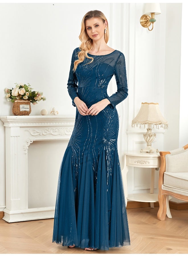 Madam Uniq A long-sleeved Evening Gown Embellished With Elegant Blue Embroidery and Sequins, Perfect As A Ceremony Dress Or For Dinner Invitations - Image 5