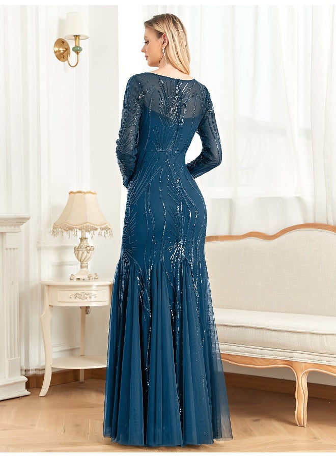 Madam Uniq A long-sleeved Evening Gown Embellished With Elegant Blue Embroidery and Sequins, Perfect As A Ceremony Dress Or For Dinner Invitations - Image 2