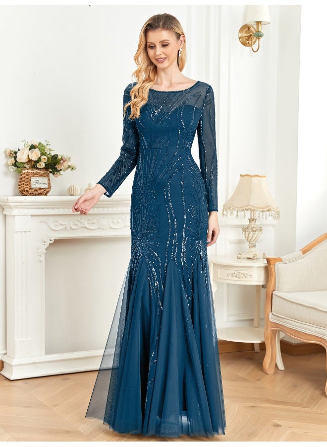 Madam Uniq A long-sleeved Evening Gown Embellished With Elegant Blue Embroidery and Sequins, Perfect As A Ceremony Dress Or For Dinner Invitations - Image 3