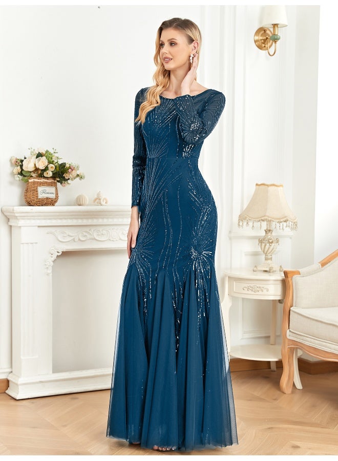 Madam Uniq A long-sleeved Evening Gown Embellished With Elegant Blue Embroidery and Sequins, Perfect As A Ceremony Dress Or For Dinner Invitations - Image 4