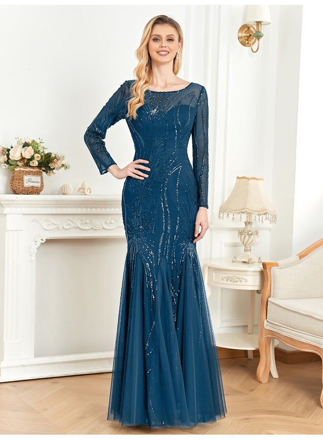 Madam Uniq A long-sleeved Evening Gown Embellished With Elegant Blue Embroidery and Sequins, Perfect As A Ceremony Dress Or For Dinner Invitations - Image 1