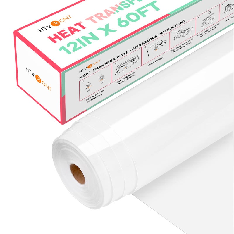 HTVRONT Heat Transfer Vinyl White Iron on Vinyl12 x 60FT White HTV Vinyl Roll Easy to Cut  Weed for Heat Vinyl Design
