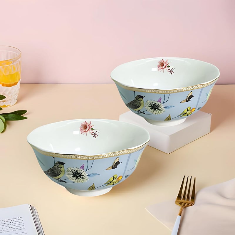 Lemon Tree Round Shape Ceramic Snack Bowl with Floral Bird Print Thick Gold Line Decal 2 Piece Set Lightweight Ideal for Serving Snacks Dry Fruits Nuts Desserts Cookies Light Blue - Image 1