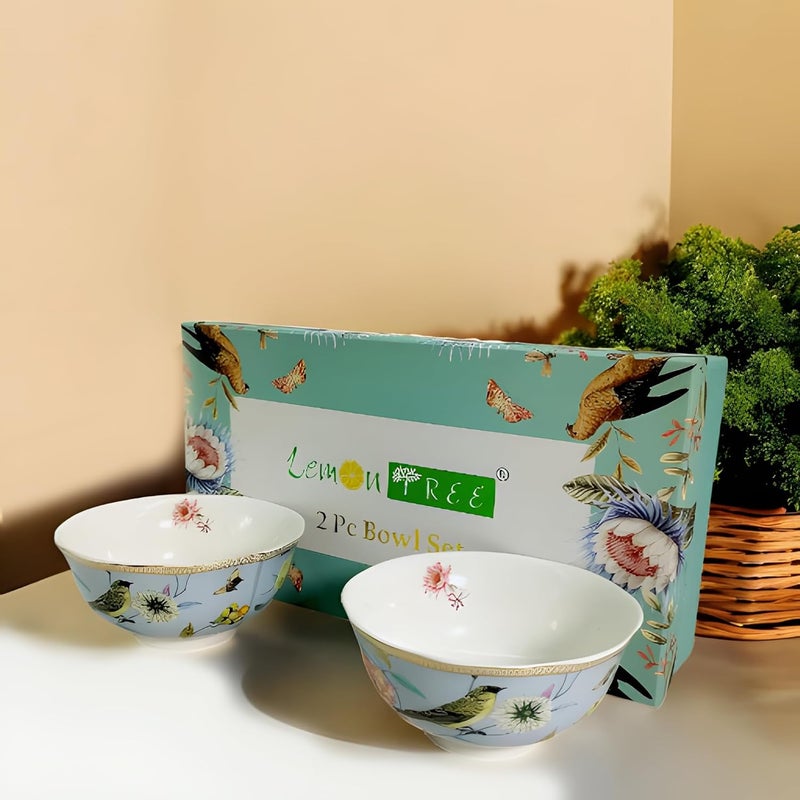 Lemon Tree Round Shape Ceramic Snack Bowl with Floral Bird Print Thick Gold Line Decal 2 Piece Set Lightweight Ideal for Serving Snacks Dry Fruits Nuts Desserts Cookies Light Blue - Image 2