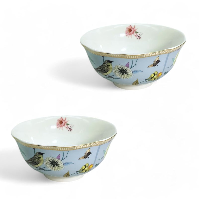 Lemon Tree Round Shape Ceramic Snack Bowl with Floral Bird Print Thick Gold Line Decal 2 Piece Set Lightweight Ideal for Serving Snacks Dry Fruits Nuts Desserts Cookies Light Blue - Image 3
