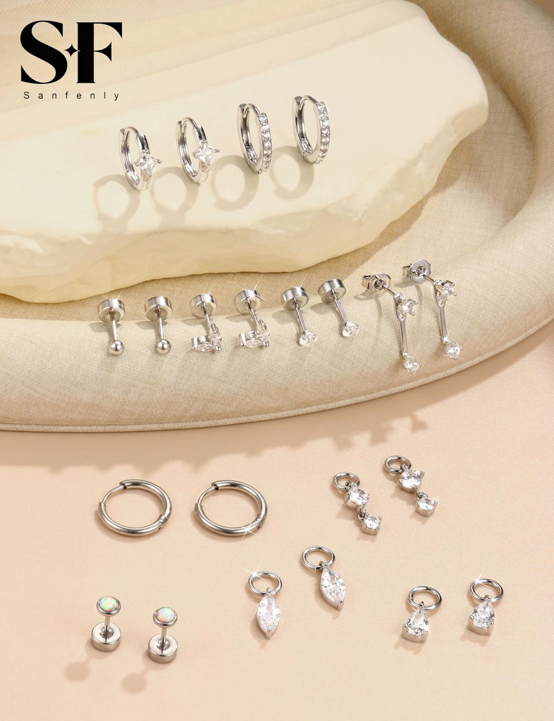 Sanfenly Small Stud Hoop Earrings Set for Women Hypoallergenic Gold Plated Huggie Hoops Earing Stacks Cartilage Helix Jewelry for Sensitive Ears Dainty Lightweight Earrings Gifts Silver White CZ - Image 4
