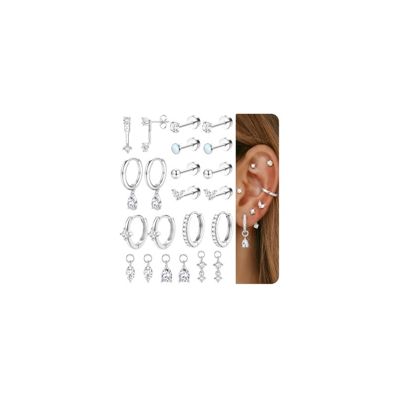 Sanfenly Small Stud Hoop Earrings Set for Women Hypoallergenic Gold Plated Huggie Hoops Earing Stacks Cartilage Helix Jewelry for Sensitive Ears Dainty Lightweight Earrings Gifts Silver White CZ - Image 1