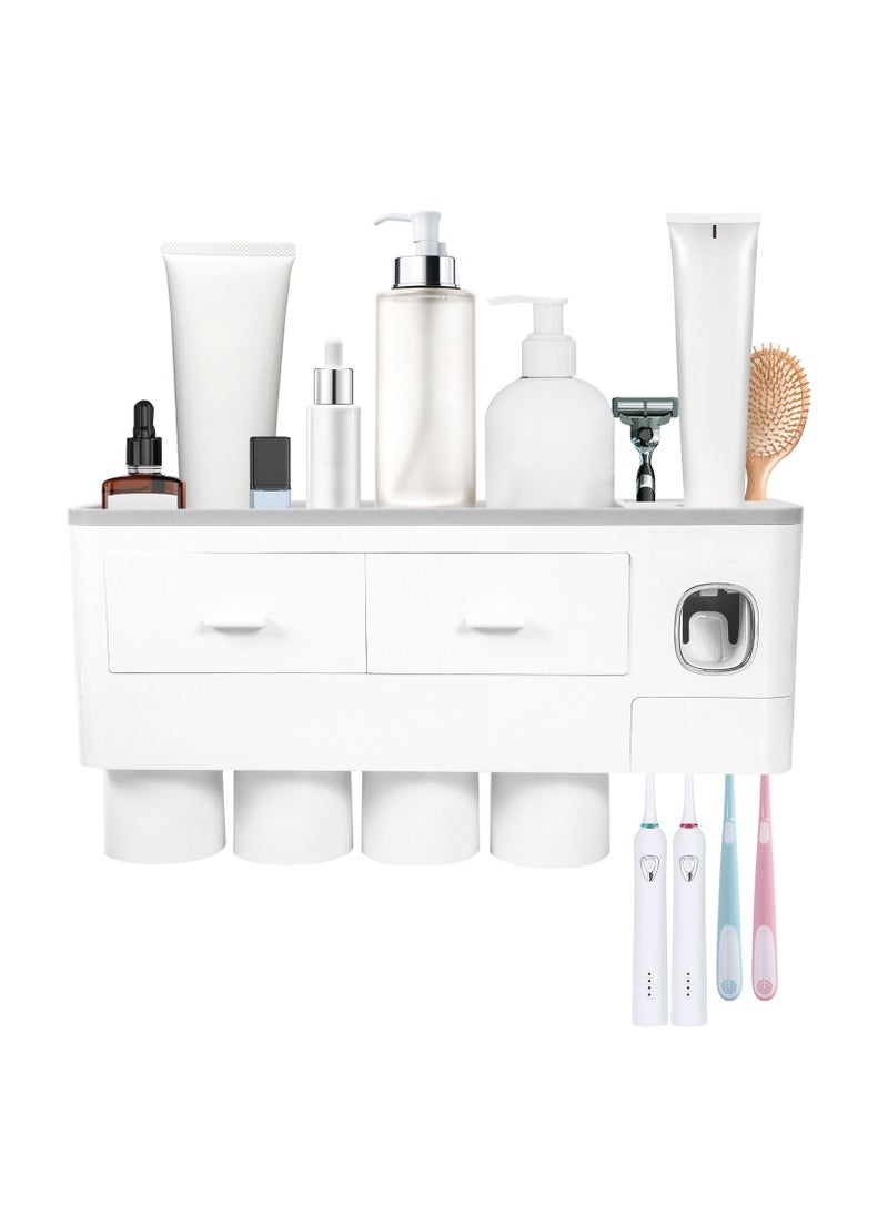 SKY-TOUCH - 4 Cups Wall Mounted Toothbrush Holder, Multipurpose Space-Saving Holder with Drawer for Cosmetics Organizer for Washroom and Bathroom Grey - Image 1
