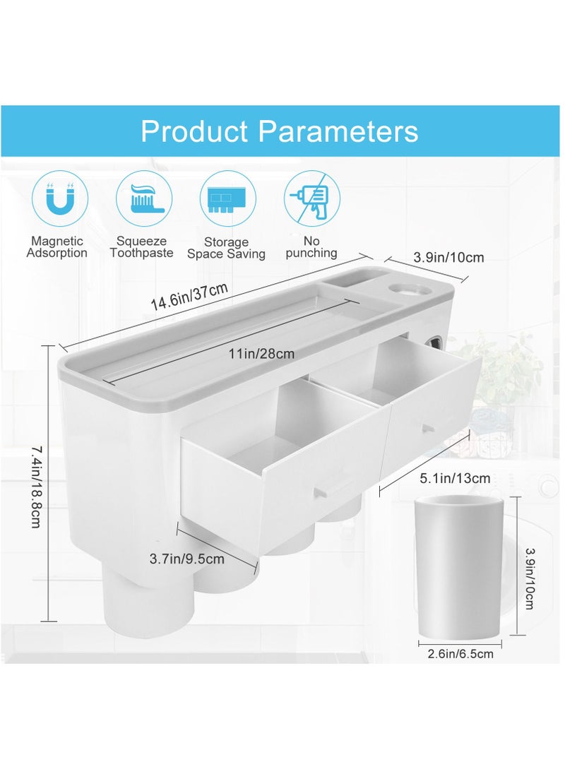 SKY-TOUCH - 4 Cups Wall Mounted Toothbrush Holder, Multipurpose Space-Saving Holder with Drawer for Cosmetics Organizer for Washroom and Bathroom Grey - Image 1