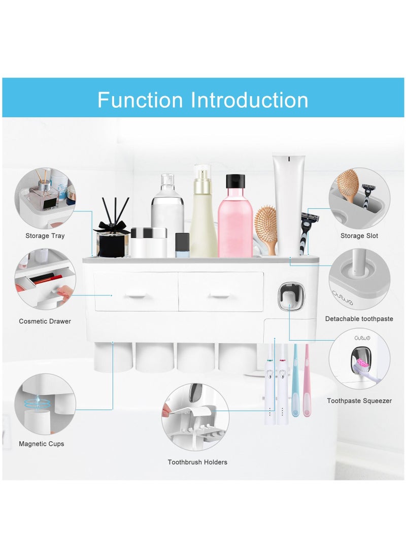 SKY-TOUCH - 4 Cups Wall Mounted Toothbrush Holder, Multipurpose Space-Saving Holder with Drawer for Cosmetics Organizer for Washroom and Bathroom Grey - Image 1