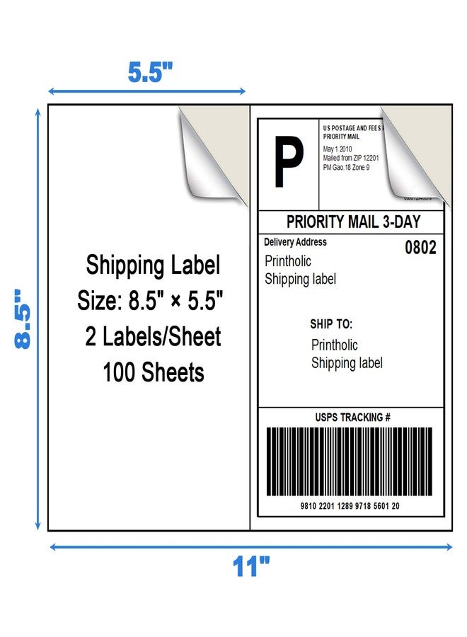 Printholic 200 Half Sheet Self Adhesive Shipping Labels 8.5" x 5.5" Compatible with for Laser & Inkjet Printers - 100 Sheets, 2 Labels Per Page - Image 2